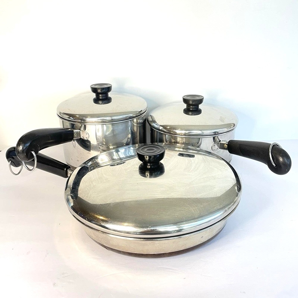Vtg Revere Ware Sauce Pan Set Copper Bottoms w/Lids 2qt 3qt 10" Frying Pan Pot